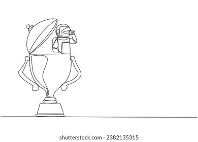Single one line drawing astronaut emerges from trophy looking for something with binoculars. Looks for other awards can be obtained when returning to earth. Continuous line design graphic illustration