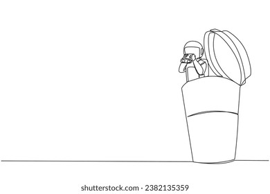 Single one line drawing astronaut emerges from paper cup look for something with binocular. Look for something relaxing. The expedition calm and controlled. Continuous line design graphic illustration