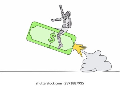 Single one line drawing of astronaut riding banknote money rocket flying in moon surface. Space company investment opportunity. Cosmic galaxy space concept. Continuous line design vector illustration