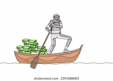 Single one line drawing astronaut sailing away on boat with pile of banknote. Financial crime or money laundering in space exploration. Cosmic galaxy space. Continuous line design vector illustration