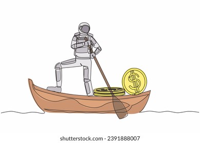 Dibujo de una sola línea de astronauta navegando en bote con montones de monedas de dólares. Recaudación de fondos para misiones de lanzamiento de naves espaciales. Concepto de espacio de galaxia cósmica. Ilustración vectorial de diseño de línea continua