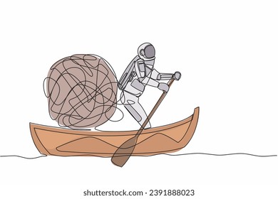 Single one line drawing of astronaut sailing away on boat with messy line. Confusion and anxiety when problems occur on space missions. Cosmic galaxy space. Continuous line design vector illustration
