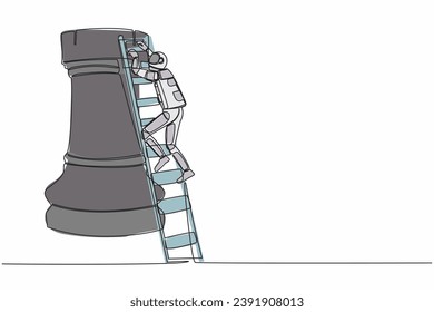 Single one line drawing astronaut climbing huge rook chess piece with ladder. Stages of success in preparing for space exploration. Cosmic galaxy space. Continuous line draw design vector illustration