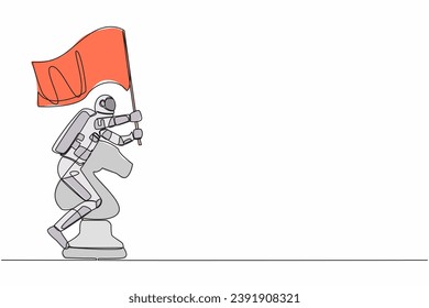 Single one line drawing astronaut riding big chess horse knight piece and holding flag. Battle in space business. Cosmic galaxy space concept. Modern continuous line design graphic vector illustration