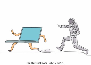 Single one line drawing astronaut run chase laptop computer in moon surface. Spacecraft technology and science fiction planning. Cosmic galaxy space. Continuous line graphic design vector illustration