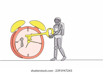 Astronauta de dibujo de una sola línea que pone la llave en el reloj de alarma. Gestión del tiempo y el trabajo en la planificación del lanzamiento de la nave espacial. Espacio de galaxia cósmica. Ilustración vectorial de diseño gráfico de línea continua