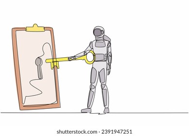 Single one line drawing of astronaut put big key into clipboard. Digital document or contract for spaceship security protection. Cosmic galaxy space. Continuous line graphic design vector illustration