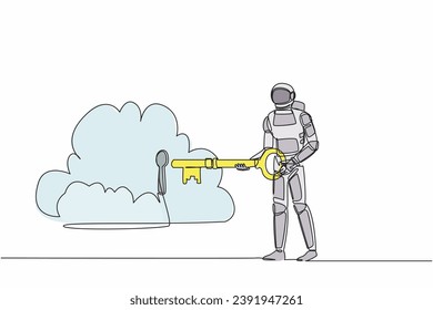Single one line drawing astronaut putting big key into cloud. Safety storage in spaceship data, password lock security authentication. Cosmic galaxy space. Continuous line design vector illustration