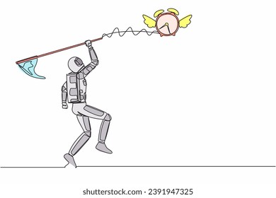 Single one line drawing astronaut try to catching flying alarm clock with butterfly net. Spaceship exploration with deadlines. Cosmic galaxy space. Continuous line graphic design vector illustration
