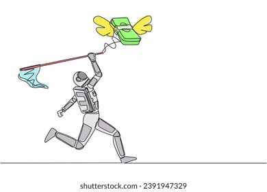 Single one line drawing astronaut try to catching flying money stacks with butterfly net. Budget spending for galactic expedition. Cosmic galaxy space. Continuous line draw design vector illustration