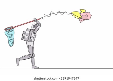 Single one line drawing astronaut try to catch flying brain with butterfly net. Genius idea from spaceman for spaceship expedition. Cosmic galaxy space. Continuous line draw design vector illustration