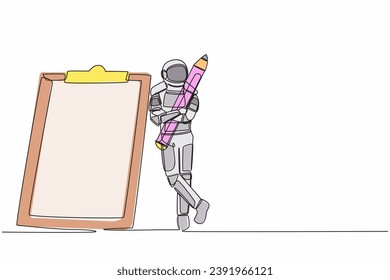 Single one line drawing astronaut holding big pencil and lean on clipboard in moon surface. Checklist space exploration document. Cosmic galaxy space. Continuous line draw design vector illustration