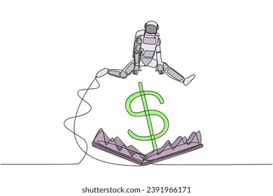 Single one line drawing astronaut jumping over money pitfall with big money dollar symbol. Financial trap in spaceship business. Cosmic galaxy space. Continuous line graphic design vector illustration