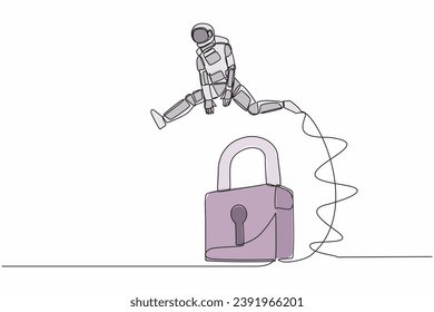 Single one line drawing astronaut jumping padlock. Space company protection security. Success expedition key accessibility. Cosmic galaxy space. Continuous line draw graphic design vector illustration