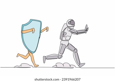 Single one line drawing astronaut being chased by shield. Afraid about budget increasing of healthcare insurance for space company. Cosmic galaxy space. Continuous line draw design vector illustration