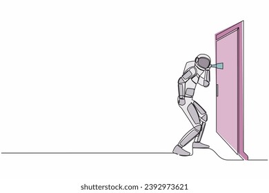 Single one line drawing astronaut eavesdropping at the door. Curious spaceman listening to conversation. Privacy violation. Cosmic galaxy space. Continuous line draw graphic design vector illustration