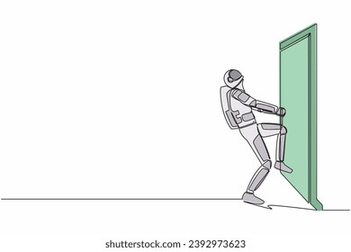 Single one line drawing astronaut pulling closed door knob with power, metaphor to facing problem. Space exploration struggle. Cosmic galaxy space. Continuous line graphic design vector illustration