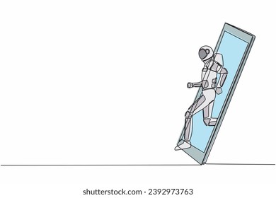 Der Astronaut-Läufer-Fokus auf eine einzige Linie, um schnell auf dem Weg zu sein und aus dem Smartphone-Bildschirm herauszukommen. Spiele für mobile Sportarten. Kosmischer Galaxienraum. Design der kontinuierlichen Linien, Vektorgrafik