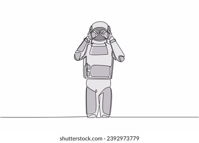 Single one line drawing astronaut standing with covering his eyes with hands because of disgust and reluctance to see something. Cosmic galaxy space. Continuous line graphic design vector illustration