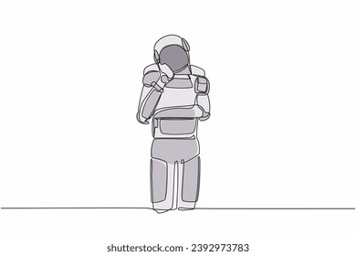 Single one line drawing of astronaut standing with keeping hand on cheek. Spaceman suffering from toothache. Future technology. Cosmic galaxy space. Continuous line graphic design vector illustration