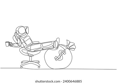 Single one line drawing astronaut sitting in a work chair holding a mug. Foot resting on money bag. Expedition to the moon with a lot of money. Cosmonaut. Continuous line design graphic illustration