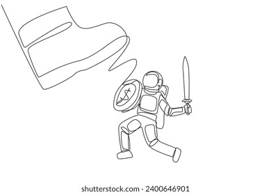 Single one line drawing astronaut tries to ward off the giant foot that wants to step on him. Anything is done to make the space expedition run smoothly. Continuous line design graphic illustration