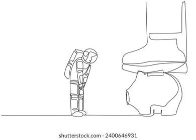 Single one line drawing astronaut nodded in front of giant foot that stepped on piggy bank. Request permission to invest in the next expedition. Galaxy. Continuous line design graphic illustration