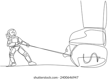 Single one line drawing astronaut tries to take money bag stepped on by giant foot with the rope. Withdraw large amounts of emergency funds. Cosmonaut. Continuous line design graphic illustration