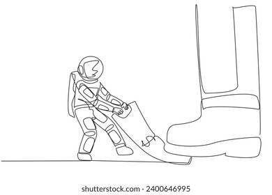 Single one line drawing astronaut pulling banknotes that were stepped on by giant foot. Forcibly withdraw some funds for space expedition. Galaxy concept. Continuous line design graphic illustration