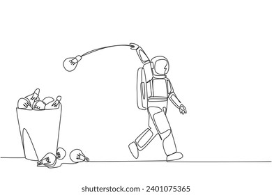 Single one line drawing astronaut walking throwing light bulbs into trash can. Throwing out ideas to convey during space expeditions. Galaxy outer space. Continuous line design graphic illustration