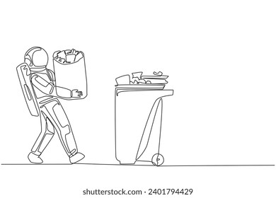 Single one line drawing astronaut walked carrying a trash bag in both hands towards trash can. Doing campaign to care about cleanliness during expedition. Continuous line design graphic illustration