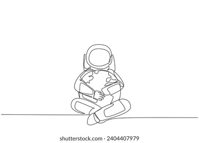 Single one line drawing astronaut sitting hugging globe. The expedition made realize that the earth should be loved more and more. Cosmic. Love the planet. Continuous line design graphic illustration