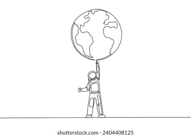 Single one line drawing astronaut standing lifting the globe with one hand. Strong determination to keep the earth beautiful. Cosmonaut caring the earth. Continuous line design graphic illustration