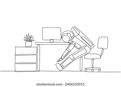 Single one line drawing astronaut sits in work chair with his legs straightened, hands hold legs. Relax. Stretch because the foot feel sore. Cosmonaut. Continuous line design graphic illustration