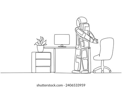 Single one line drawing astronaut stands with his hands behind his back. Stretching. Light exercise to prepare for overtime work making expedition reports. Continuous line design graphic illustration