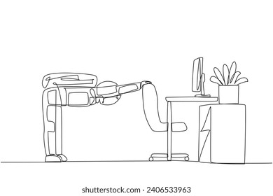 Single one line drawing astronaut bowed while holding his hand on his work chair. Stretching. Eliminates excessive nervousness. Preparing for expedition. Continuous line design graphic illustration