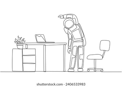 Single one line drawing astronaut stands while raising one hand and tilting body. Stretching. It is very ready to carry out a space expedition. Cosmonaut. Continuous line design graphic illustration