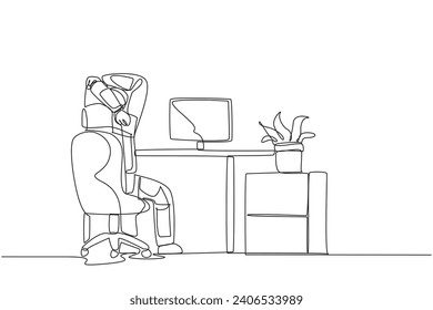 Single one line drawing astronaut sitting in a work chair warming up his hands above his head. Stretching. The space expedition schedule is getting closer. Continuous line design graphic illustration