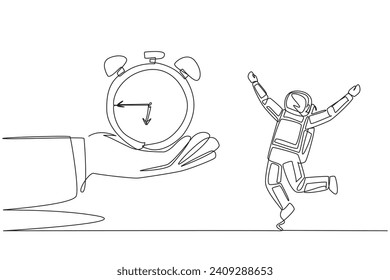 Single one line drawing astronaut excited to get alarm clock from the giant hand. Antique and classic clock shape. Loud alarm sound. Reminder. Cosmonaut. Continuous line design graphic illustration