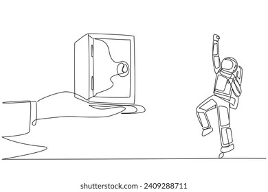 Single one line drawing astronaut was excited to get a safe deposit box from a giant hand. Store astronaut equipment in the safest place. Locked tight. Continuous line design graphic illustration