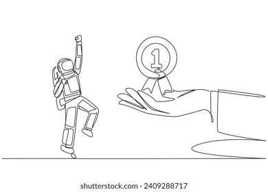 Single one line drawing astronaut was happy to get medal award from giant hand. Achievement. Confession. Successfully complete a space mission. Cosmonaut. Continuous line design graphic illustration