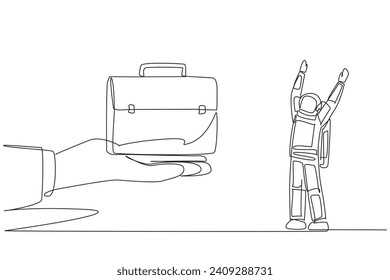 Single one line drawing astronaut was excited to get the briefcase from a giant hand. Made from lightweight leather. Easy to carry on space expeditions. Continuous line design graphic illustration