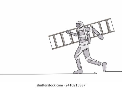 Single one line drawing astronaut repairman walking with ladder. Renovation home. Preparation house reparation in moon surface. Cosmic galaxy space. Continuous line graphic design vector illustration