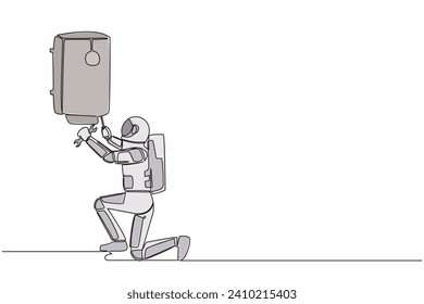 Plomo de astronauta de dibujo de una sola línea que instala calentador de agua o caldera. Decoración de casa en el futuro. Reforma de la casa de preparación. Espacio de galaxia cósmica. Ilustración vectorial de dibujo de línea continua
