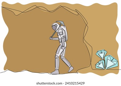 Single one line drawing astronaut give up before reach diamonds. Stop digging with pickaxe, not knowing diamond almost revealed. Cosmic galaxy space. Continuous line graphic design vector illustration
