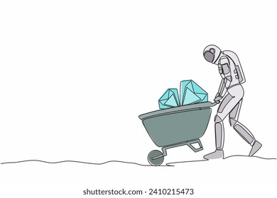 Single one line drawing astronaut pushing cart full of diamonds in moon surface. Wheelbarrow with gold, jewelry, precious stone. Cosmic galaxy space. Continuous line graphic design vector illustration