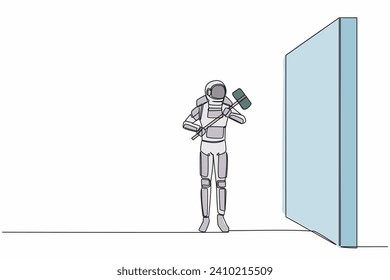 Single one line drawing astronaut standing and holding big hammer while facing wall in moon surface. Space company development. Cosmic galaxy space. Continuous line graphic design vector illustration