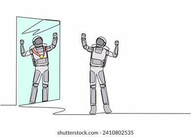 Single one line drawing astronaut looking at mirror and seeing in reflection of himself with gold medal. Winning space competition. Cosmic galaxy space. Continuous line draw design vector illustration