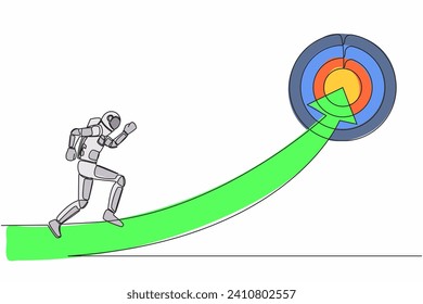 Single one line drawing astronaut running on arrow to center of target. Spaceship company with space expedition vision mission. Cosmic galaxy space. Continuous line graphic design vector illustration
