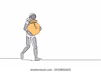 Dibujo de una sola línea de astronauta caminando y llevando una bolsa de dinero pesado. Financiación para el desarrollo futuro de la tecnología espacial. Espacio de galaxia cósmica. Ilustración continua de diseño gráfico de línea